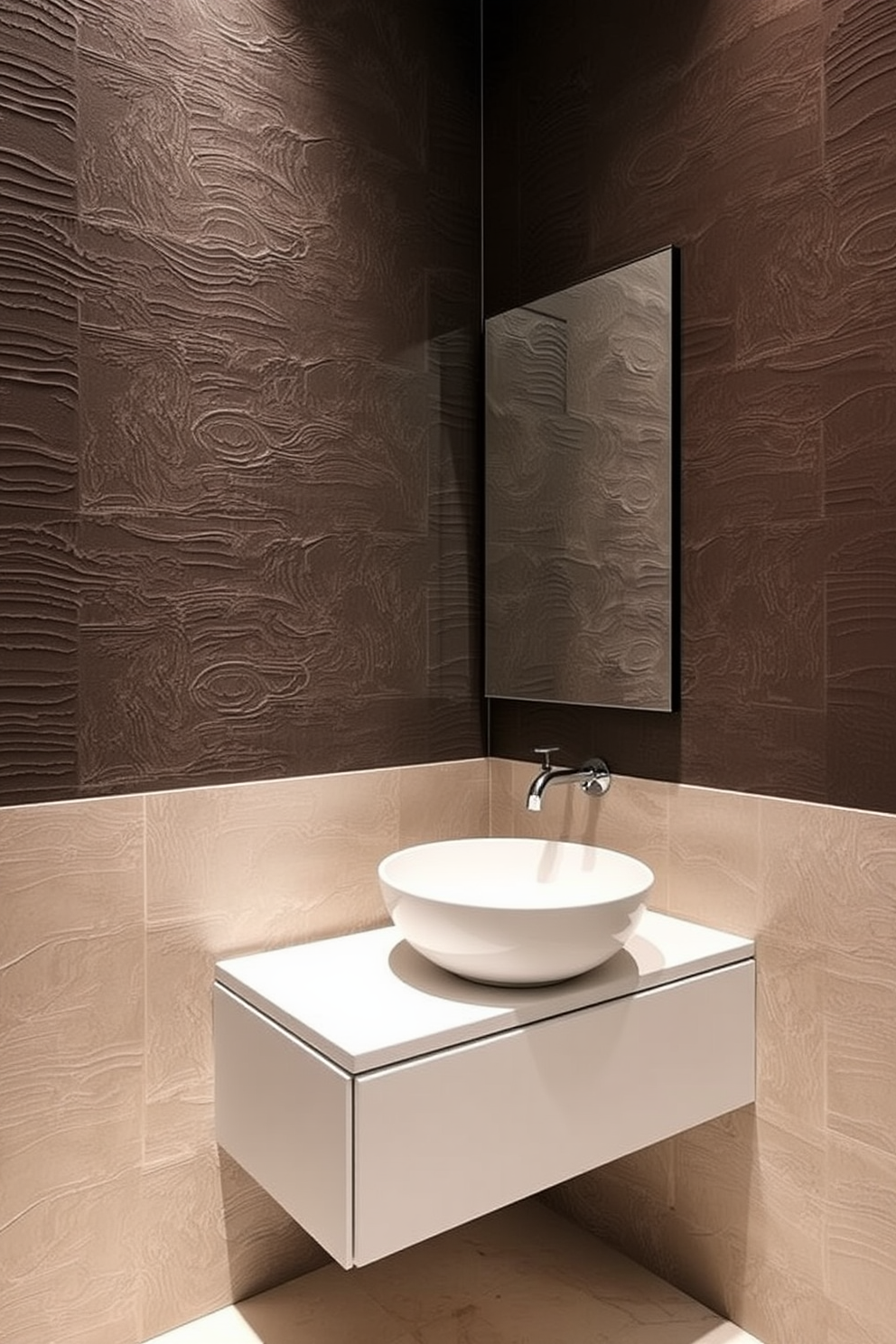 Textured wall panels create a striking backdrop in a modern powder room. The panels are complemented by sleek fixtures and a minimalist aesthetic, enhancing the overall elegance of the space. The room features a floating vanity with a vessel sink, showcasing a contemporary design. Soft ambient lighting highlights the textures of the wall, adding depth and sophistication to the atmosphere.