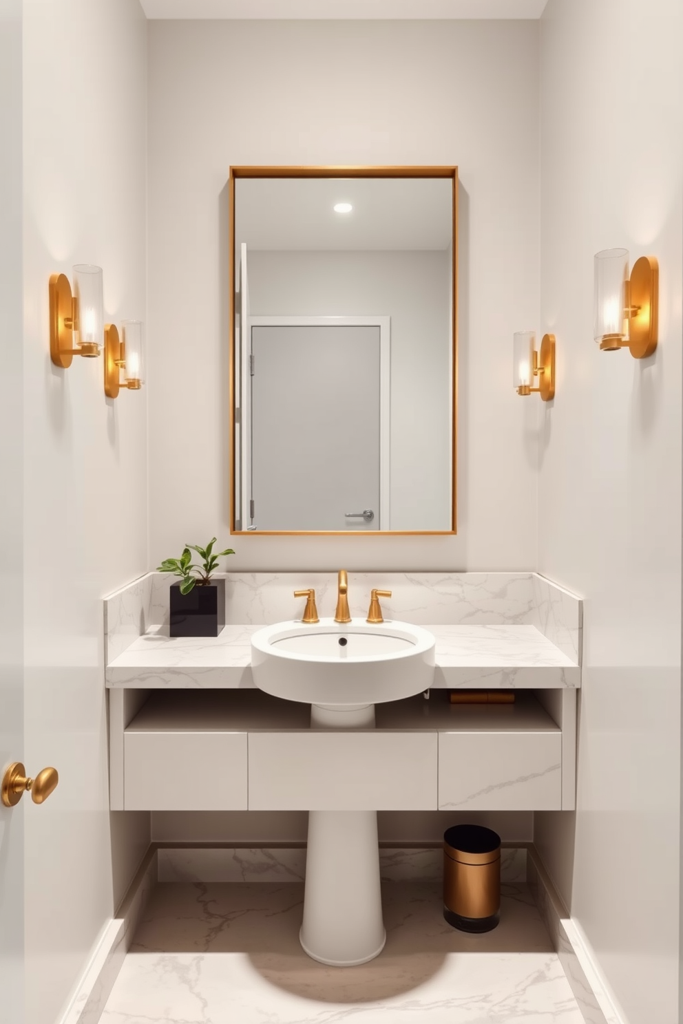 A modern powder room featuring sleek marble countertops that exude luxury and sophistication. The space is adorned with a stylish pedestal sink and contemporary fixtures, complemented by elegant wall sconces that provide warm lighting. The walls are painted in a soft neutral tone, creating a serene atmosphere. A minimalist mirror with a brushed gold frame hangs above the sink, enhancing the room's modern aesthetic.