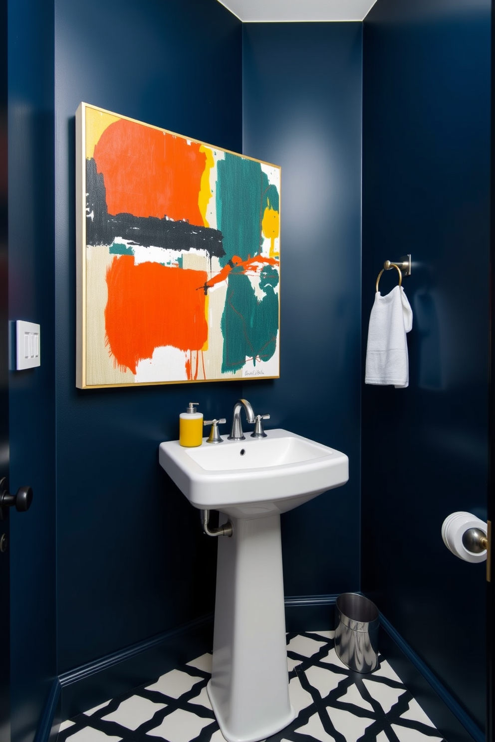 A modern powder room featuring bold artwork that adds a striking focal point to the space. The walls are painted in a deep navy blue, and a sleek white pedestal sink complements the contemporary design. A large abstract painting in vibrant colors hangs above the sink, drawing attention and creating an inviting atmosphere. The floor is adorned with chic black and white geometric tiles, enhancing the overall modern aesthetic.