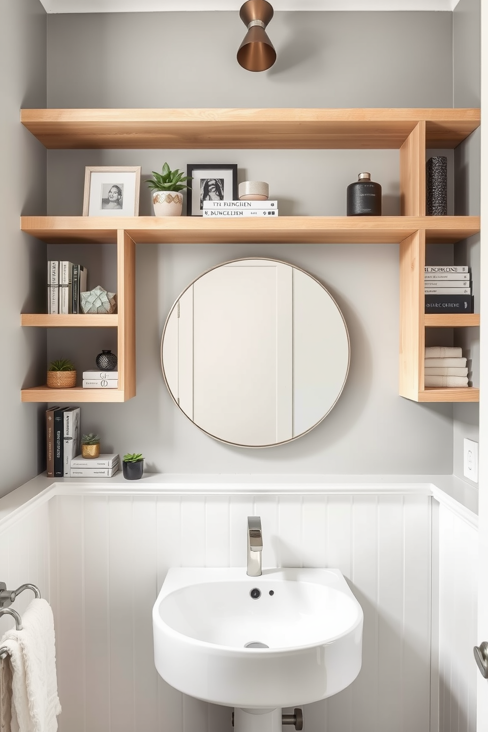 Open shelving for decorative storage in a modern powder room. The shelves are crafted from light wood and display an array of curated decor items, including small potted plants and stylish books. The walls are painted in a soft gray hue, enhancing the airy feel of the space. A sleek, minimalist sink with a brushed nickel faucet sits below a large round mirror, reflecting the room's elegant simplicity.