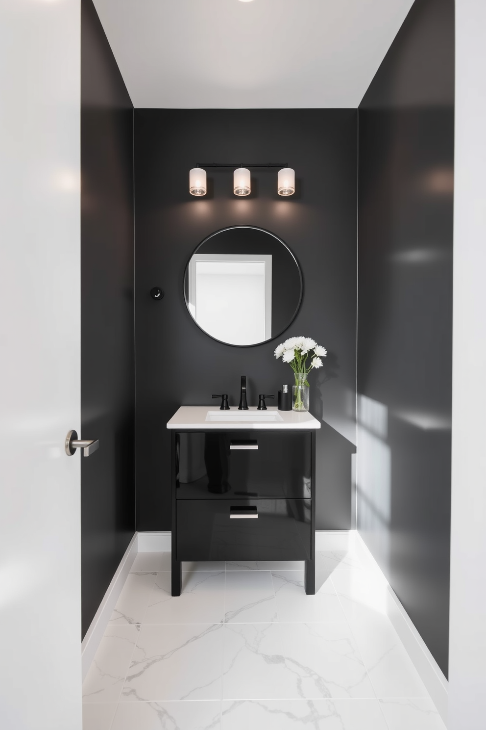 A modern powder room featuring a striking black and white color scheme. The walls are painted in matte black while the floor showcases glossy white tiles with geometric patterns. A sleek black vanity with a white countertop is centered against the wall. Above the vanity, a round mirror with a thin black frame reflects the contemporary lighting fixtures.