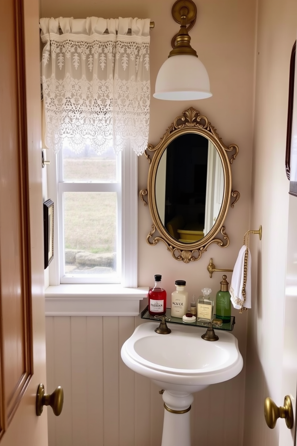 A vintage-inspired powder room features charming accessories that evoke nostalgia. The space is adorned with a delicate lace curtain framing a small window, and a vintage mirror with an ornate frame hangs above a pedestal sink. The walls are painted in a soft pastel hue, complemented by antique brass fixtures. A collection of vintage perfume bottles sits elegantly on a small shelf, adding character and warmth to the room.