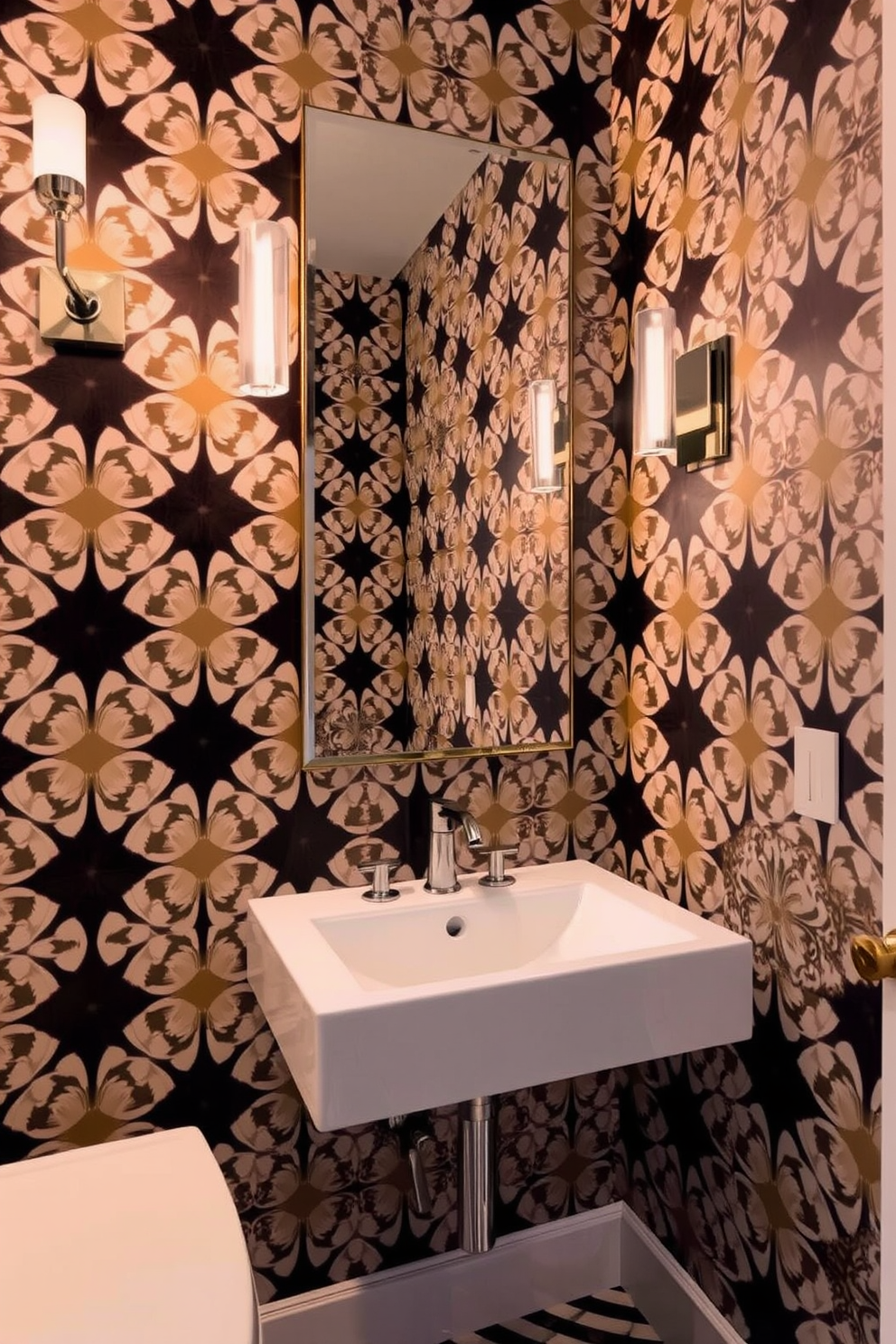 A modern powder room features bold patterned wallpaper that creates a striking focal point. The space is accented with sleek fixtures and a contemporary sink that complements the vibrant design. Elegant lighting fixtures enhance the ambiance, casting a warm glow throughout the room. A minimalist mirror above the sink reflects the dynamic patterns, adding depth and interest to the overall aesthetic.