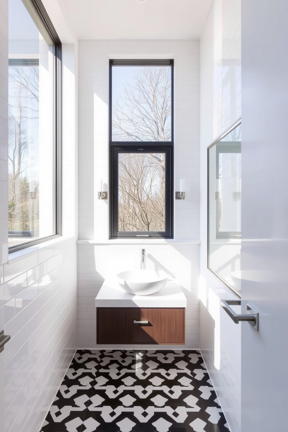 A modern powder room featuring large windows that allow ample natural light to flood the space. The walls are adorned with sleek, white tiles and a stylish floating vanity with a vessel sink sits beneath the windows. The flooring is a chic black and white geometric pattern that adds visual interest. Elegant fixtures in brushed nickel complement the contemporary design, creating a sophisticated atmosphere.