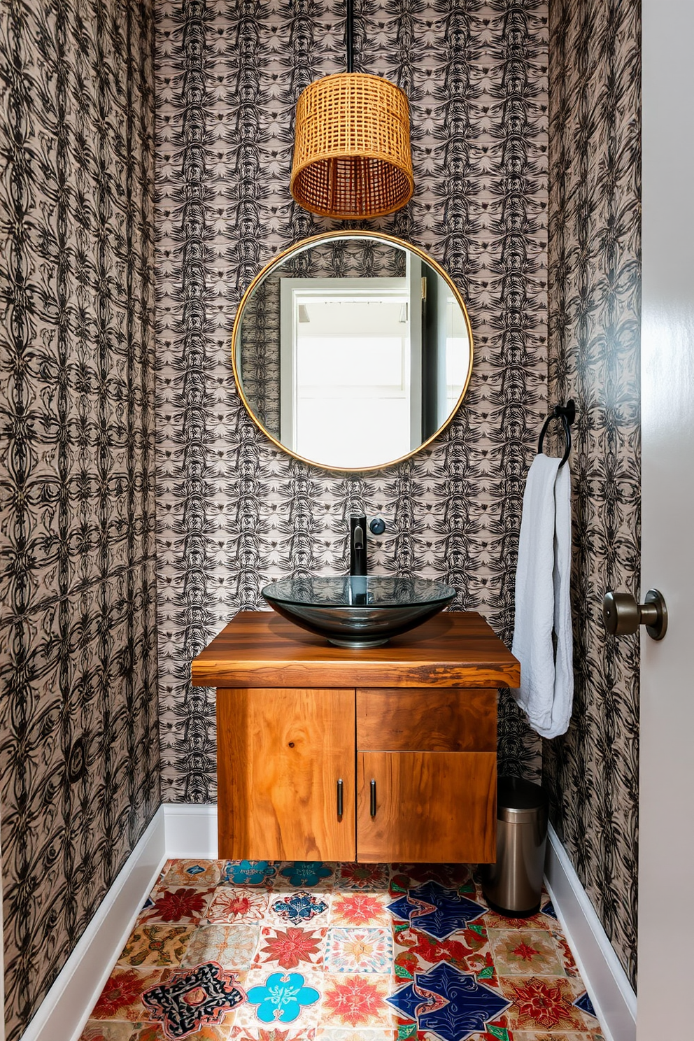 A modern powder room featuring a blend of materials for an eclectic style. The walls are adorned with bold patterned wallpaper, while a sleek floating sink made of glass is mounted on a reclaimed wood vanity. A round mirror with an ornate metal frame is positioned above the sink, reflecting the unique light fixture made of woven rattan. The floor is covered in a mix of colorful tiles, creating a vibrant contrast with the neutral color palette of the room.