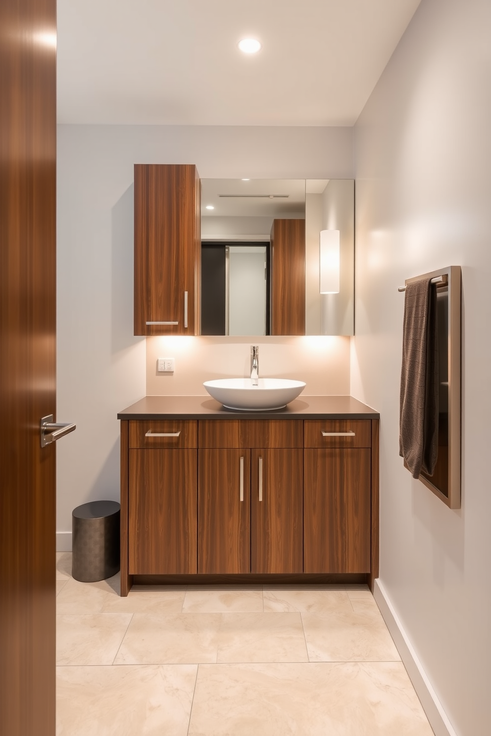 Custom cabinetry designed to fit the unique layout of a modern powder room creates both functionality and style. The cabinetry features sleek lines and a rich wood finish, complementing the overall aesthetic of the space. The powder room includes a contemporary sink with a minimalist faucet, placed atop the custom cabinetry for an elegant look. Soft, ambient lighting highlights the cabinetry and enhances the tranquil atmosphere of the room.