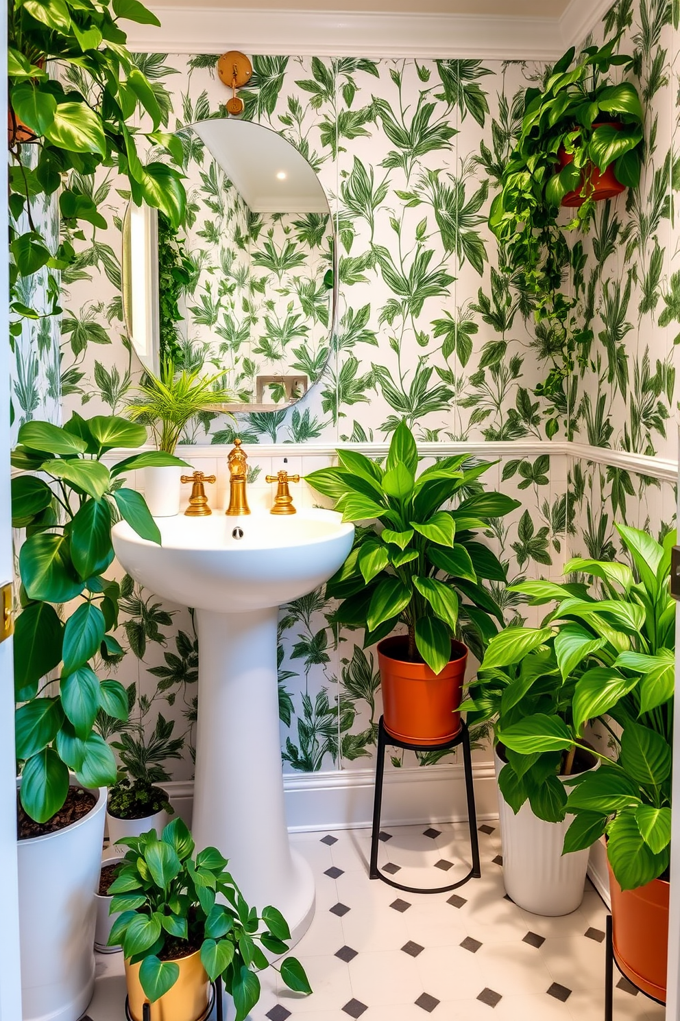 Fresh greenery for a lively atmosphere. The powder room features a sleek white pedestal sink paired with a stylish gold faucet. Lush potted plants are strategically placed around the room, adding vibrant splashes of color. The walls are adorned with botanical wallpaper, creating a refreshing and inviting ambiance.