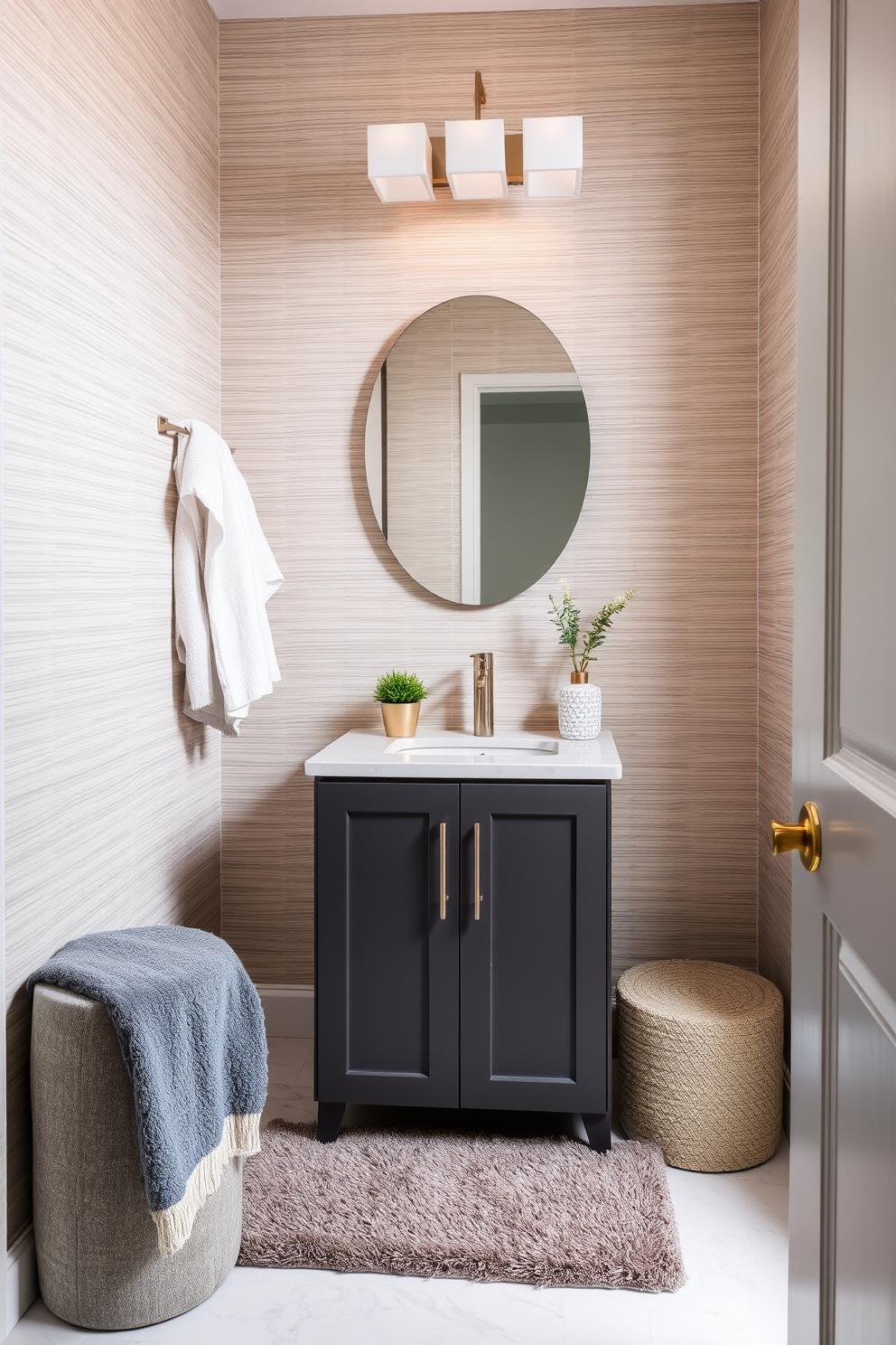 A modern powder room featuring soft textiles to enhance comfort. The walls are adorned with a subtle wallpaper pattern, complemented by plush towels and a cozy area rug. The vanity is sleek and minimalist, topped with a smooth stone surface. Decorative elements include a stylish soap dispenser and a small potted plant for a touch of greenery.