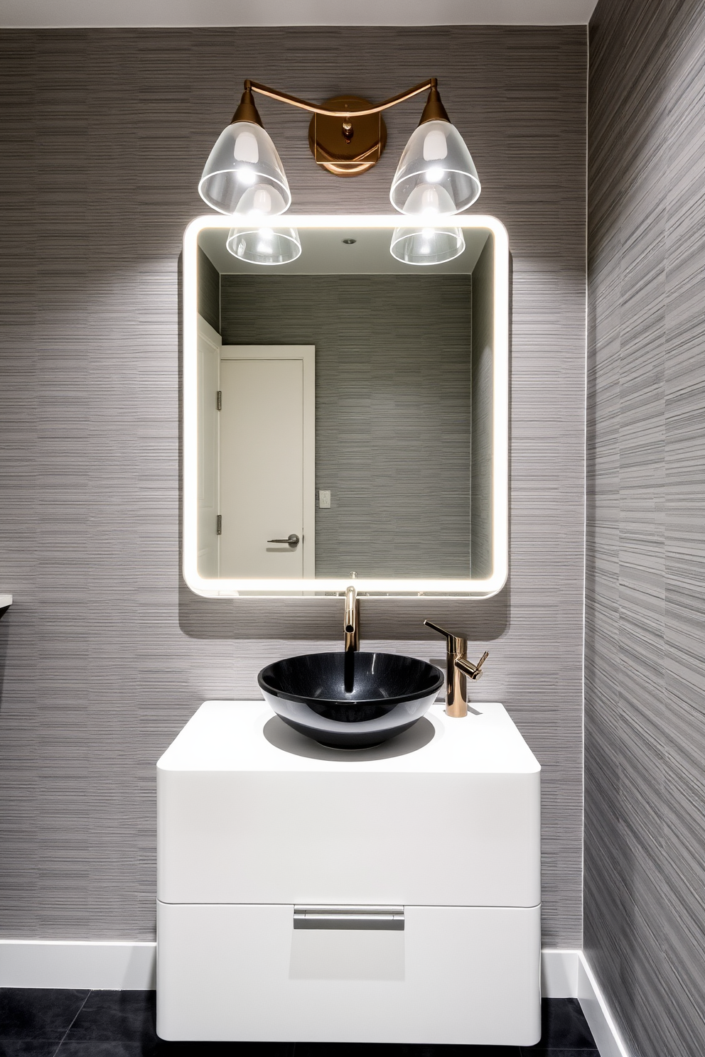 A modern powder room featuring unique faucets that add a contemporary twist. The walls are adorned with textured wallpaper in a soft gray, and the floor is covered with sleek black tiles. A floating vanity with a glossy white finish holds a vessel sink, complemented by an eye-catching faucet design. Stylish lighting fixtures frame the mirror, enhancing the overall elegance of the space.