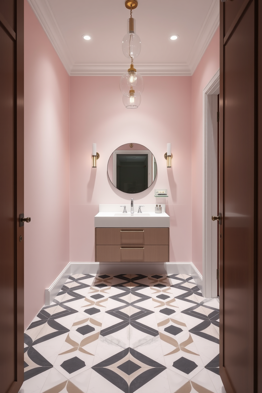 A modern powder room featuring geometric tiles that create a striking visual impact on the floor. The walls are adorned with soft pastel colors, complementing the bold patterns of the tiles. The space includes a sleek floating vanity with a minimalist design and a round mirror above it. Stylish lighting fixtures hang above, adding a touch of elegance to the overall ambiance.