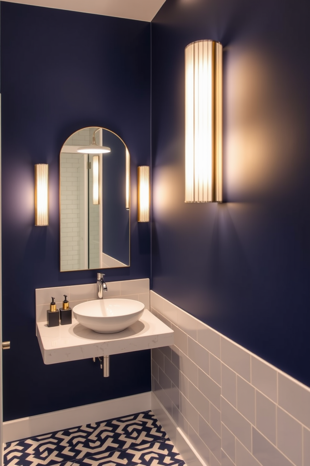 Wall-mounted lighting fixtures cast a warm glow in a modern powder room, enhancing the sleek lines of contemporary decor. The lighting complements a minimalist design featuring a floating vanity with a vessel sink and stylish accents. Incorporate geometric patterns in the tile work to add visual interest while maintaining a clean aesthetic. A bold color palette with deep blues and crisp whites creates a striking contrast, making the space feel both inviting and luxurious.