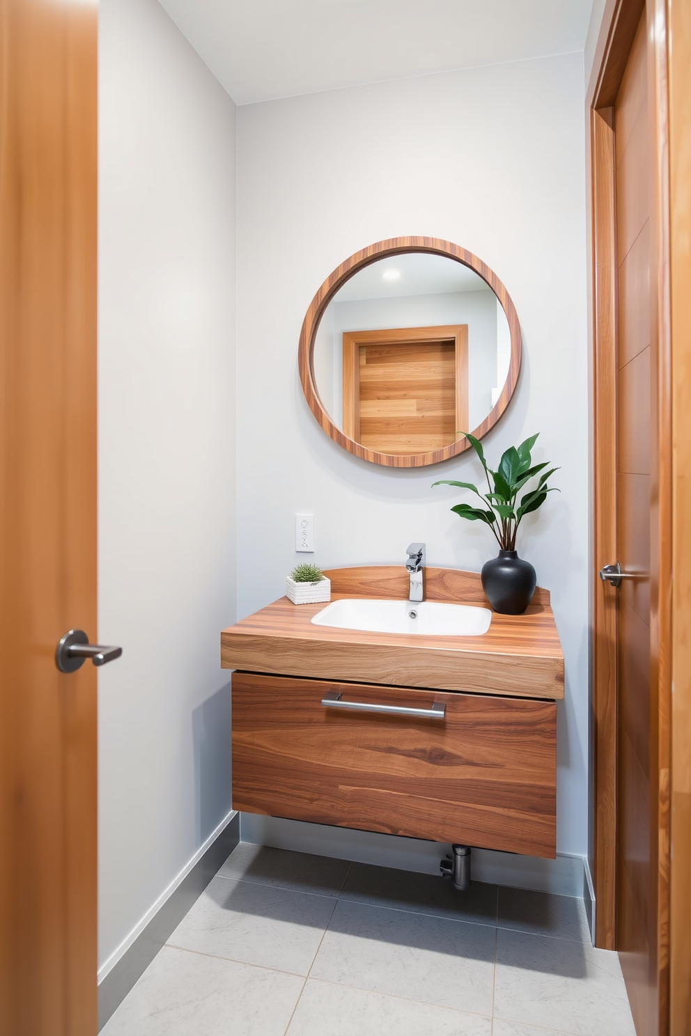 A modern powder room featuring natural wood accents that create a warm and inviting atmosphere. The walls are adorned with a soft neutral paint color, and a sleek floating vanity made of reclaimed wood complements the space. The powder room includes a stylish round mirror framed in natural wood above the vanity. A decorative potted plant adds a touch of greenery, while brushed nickel fixtures enhance the contemporary feel.