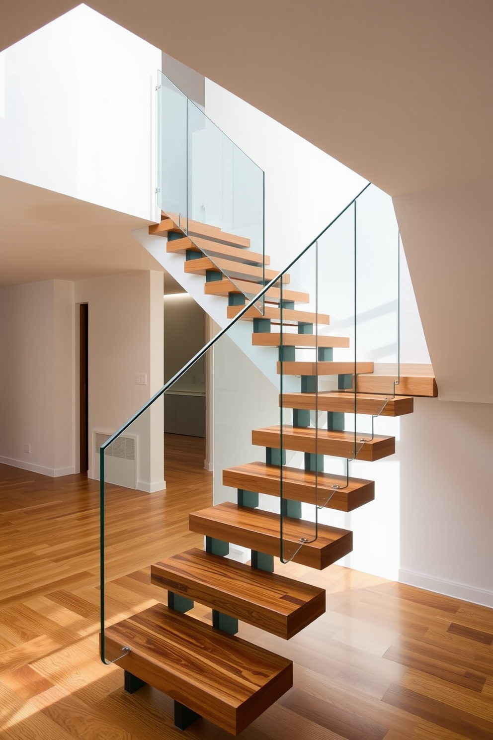 A stunning floating staircase with a sleek glass railing creates an open and airy feel in the space. The steps are made of rich hardwood, contrasting beautifully with the minimalist design of the surrounding walls.