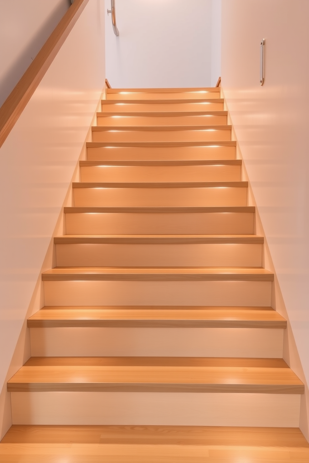 A modern staircase featuring sleek wooden steps with integrated storage solutions beneath each step. The staircase is illuminated by recessed lighting, creating a warm ambiance while showcasing the minimalist design.