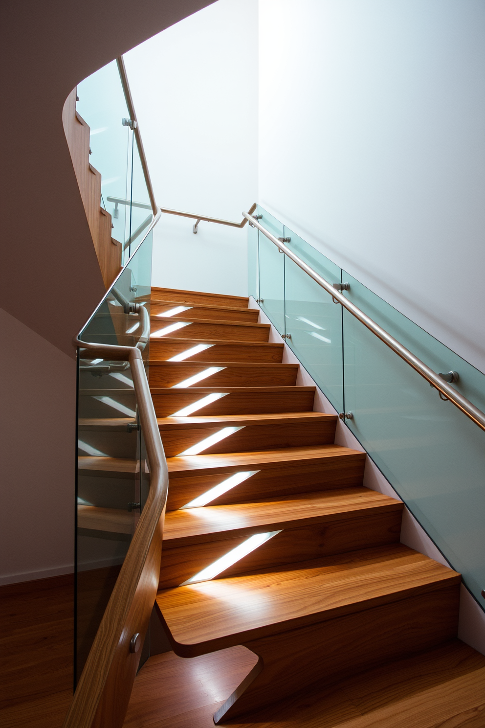 A striking geometric staircase features bold angles and unique shapes that create a dynamic visual appeal. The stairs are crafted from a combination of polished wood and glass, allowing light to filter through and enhance the modern aesthetic. The staircase is flanked by a sleek metal railing that complements the contemporary design. Soft LED lighting is integrated into the steps, illuminating the unique contours and providing a warm ambiance.