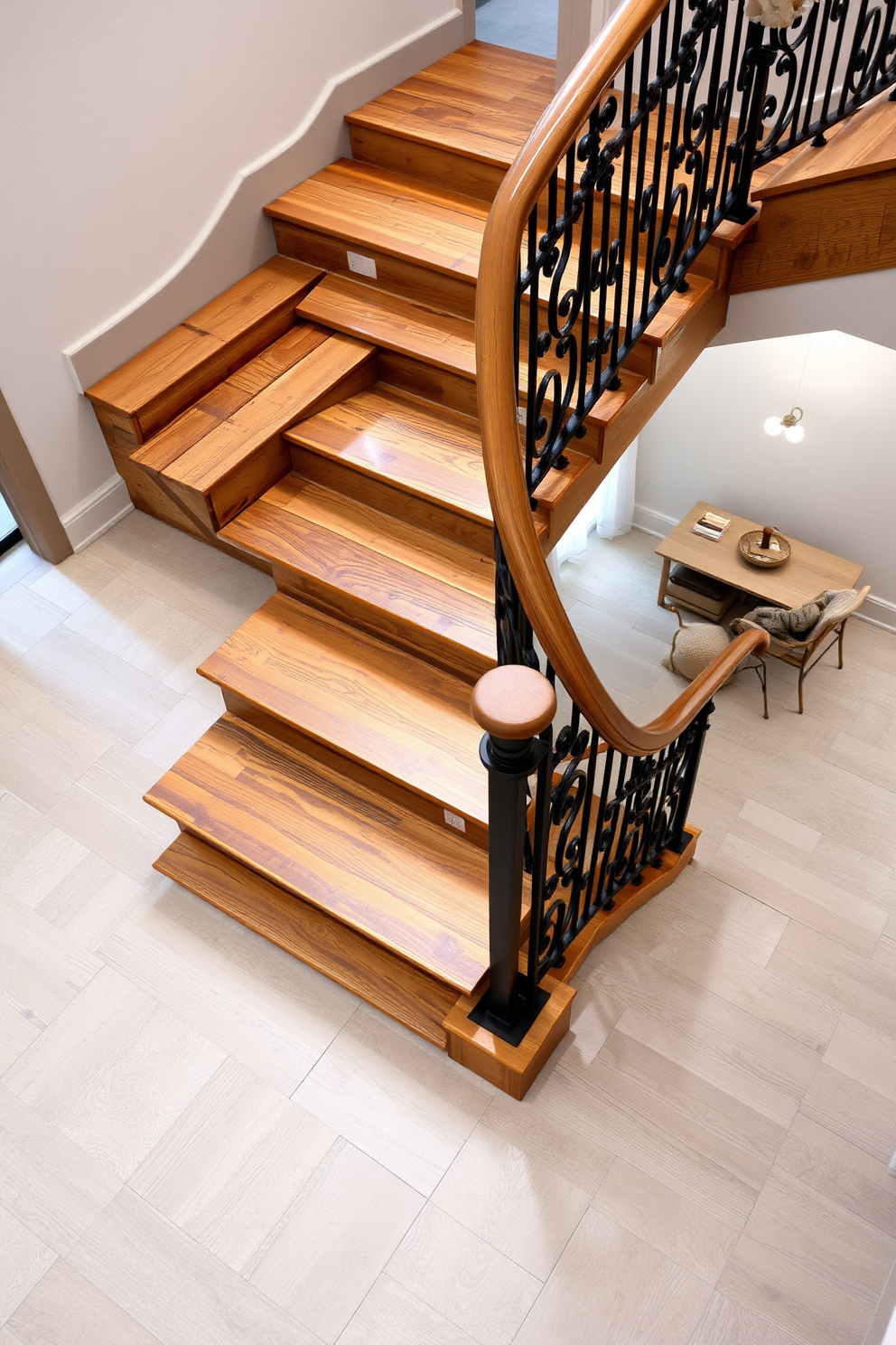 A rustic wooden staircase with iron accents features wide, weathered wooden steps that exude warmth and character. The iron railings are intricately designed, providing a striking contrast to the natural wood and enhancing the overall aesthetic. The staircase is illuminated by soft, ambient lighting that highlights the grain of the wood and the elegance of the ironwork. Surrounding the staircase, a neutral color palette of soft grays and whites complements the rustic elements, creating a harmonious and inviting atmosphere.