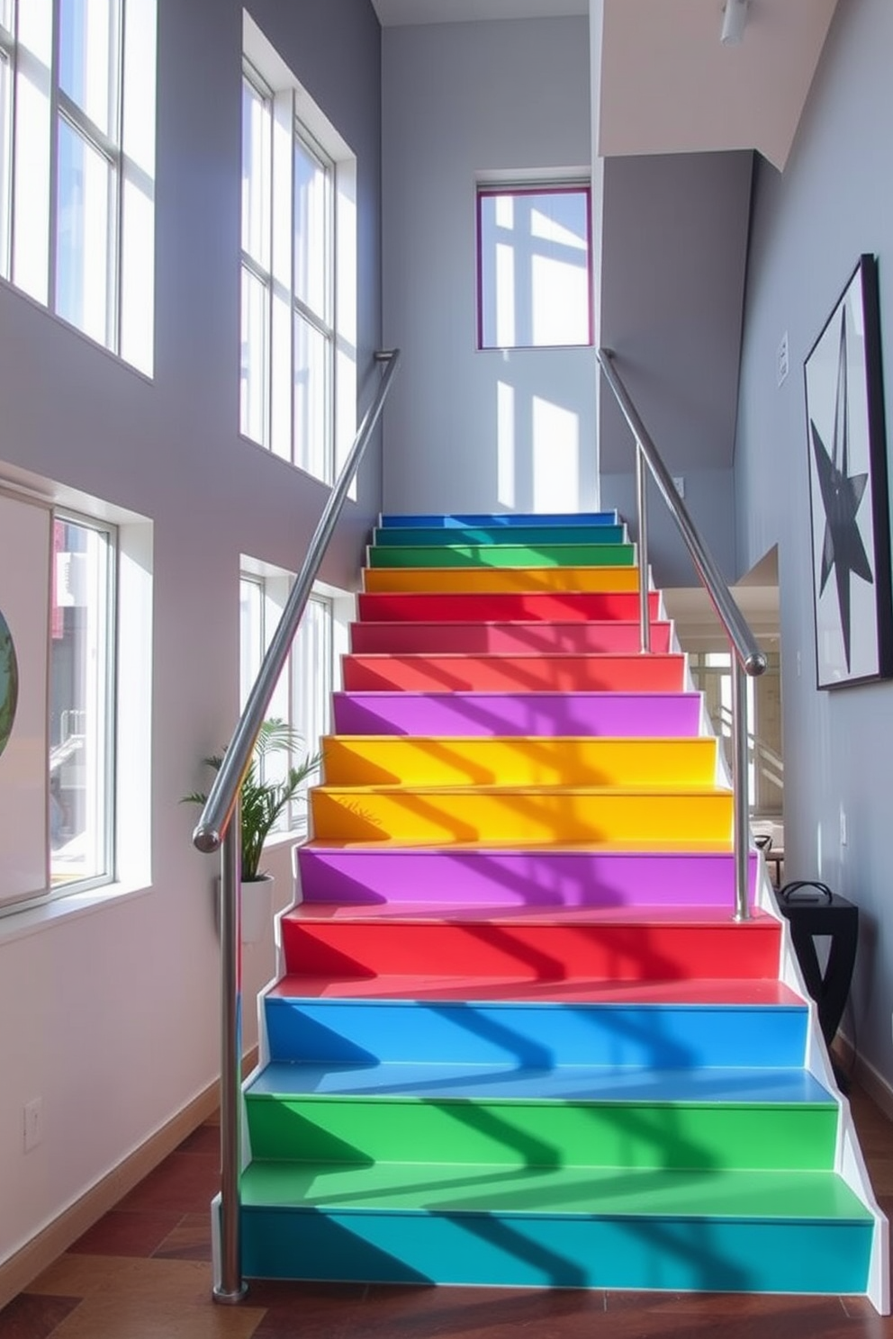 A colorful staircase features painted risers in vibrant hues that create a playful atmosphere. The handrail is sleek and modern, complementing the overall contemporary design of the space. Natural light floods the area through large windows, enhancing the lively colors of the staircase. The surrounding walls are adorned with minimalist artwork that harmonizes with the staircase's bold aesthetic.