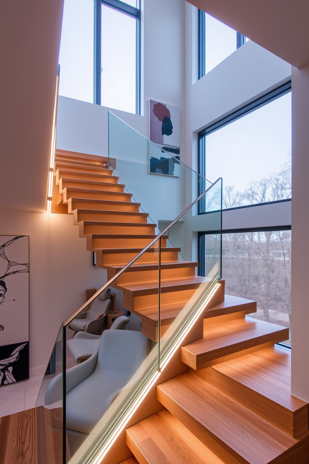 A contemporary staircase features sleek wooden steps that seem to float above a glass railing. Soft LED lighting is integrated along the edges, creating a warm glow that highlights the elegant design. The staircase is surrounded by a minimalist wall adorned with abstract art. Natural light floods the space through large windows, enhancing the airy and open feel of the modern interior.