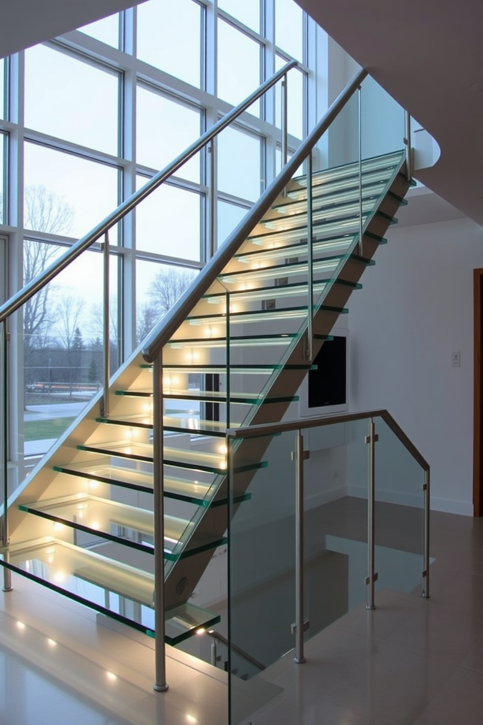 A stunning glass staircase with sleek metal railings creates a focal point in a contemporary home. The steps appear to float, illuminated by soft LED lights that enhance the modern aesthetic. The staircase is surrounded by an open space, allowing natural light to flood in from large windows. A minimalist design approach is used, with clean lines and a neutral color palette to maintain a sense of elegance.