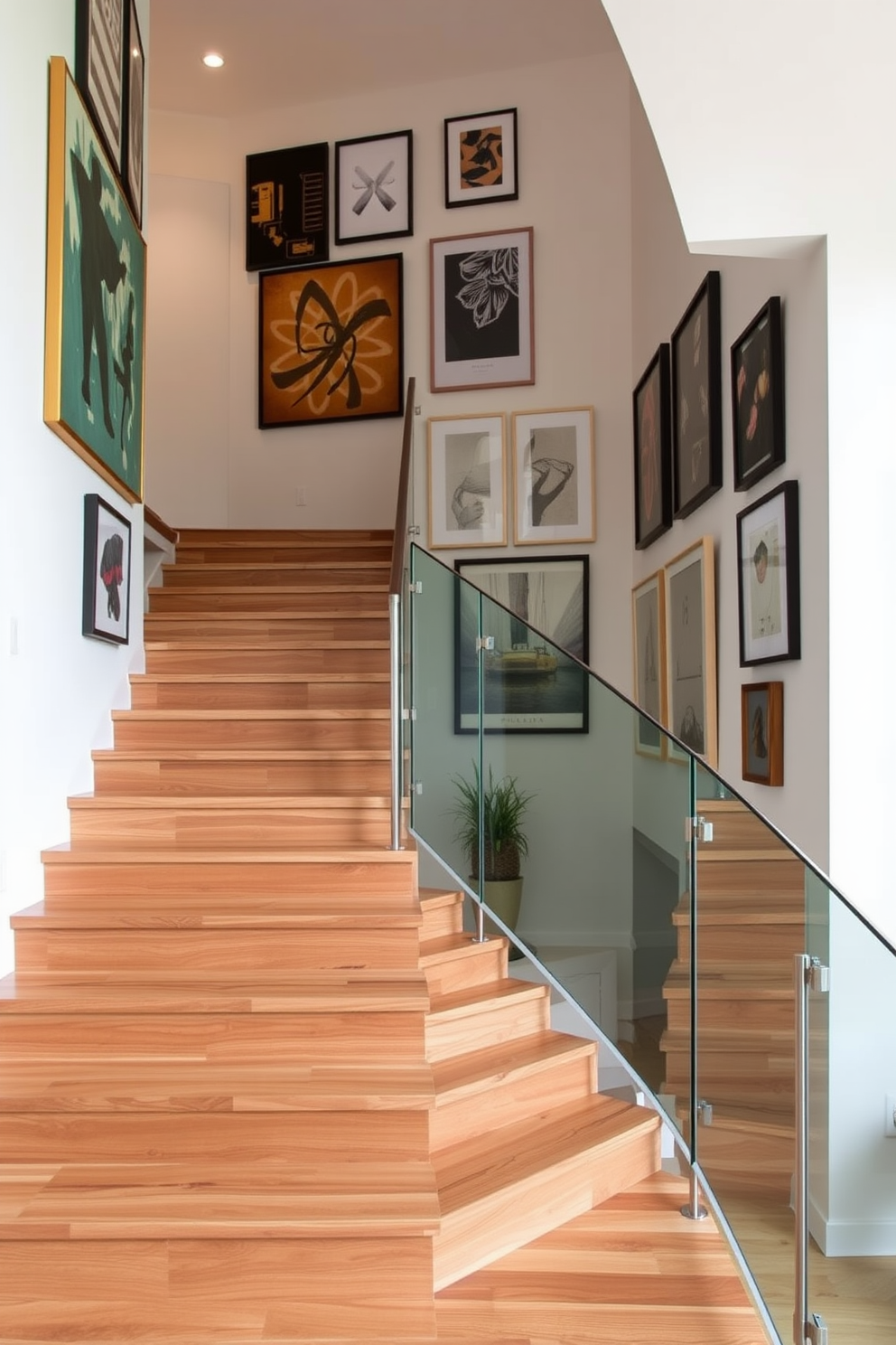 A modern staircase featuring sleek wooden steps with a glass railing that enhances the open feel of the space. The walls are adorned with a collection of decorative wall art, showcasing a mix of abstract paintings and framed photographs that add personality to the area.