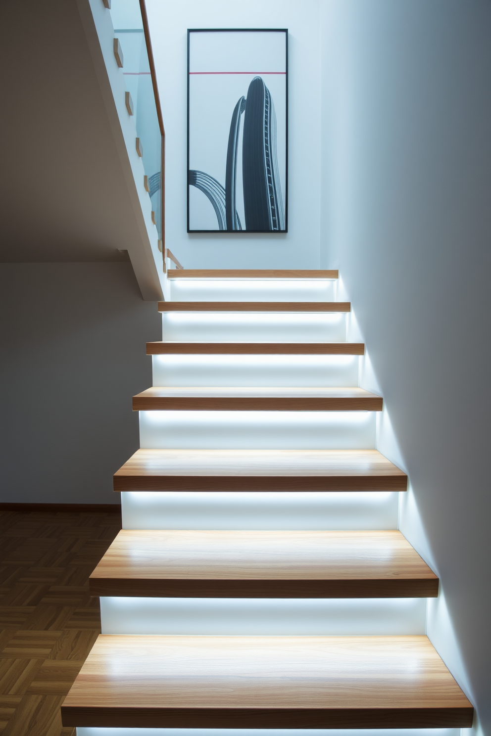 A modern staircase featuring floating steps with sleek lines and illuminated edges. The steps are crafted from polished wood, and the surrounding walls are adorned with minimalist artwork.