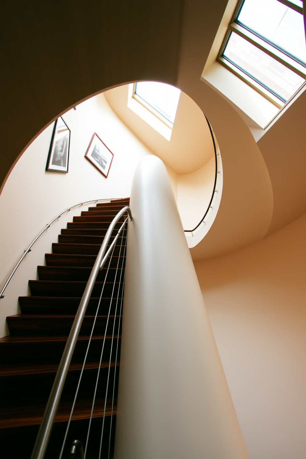 A stunning spiral staircase with rich wooden steps gracefully ascends to the upper level. The surrounding walls are adorned with minimalist artwork, enhancing the contemporary feel of the space. Natural light filters through a large skylight above, casting a warm glow on the polished wood. Sleek metal railings provide a modern contrast, ensuring safety while maintaining an elegant aesthetic.