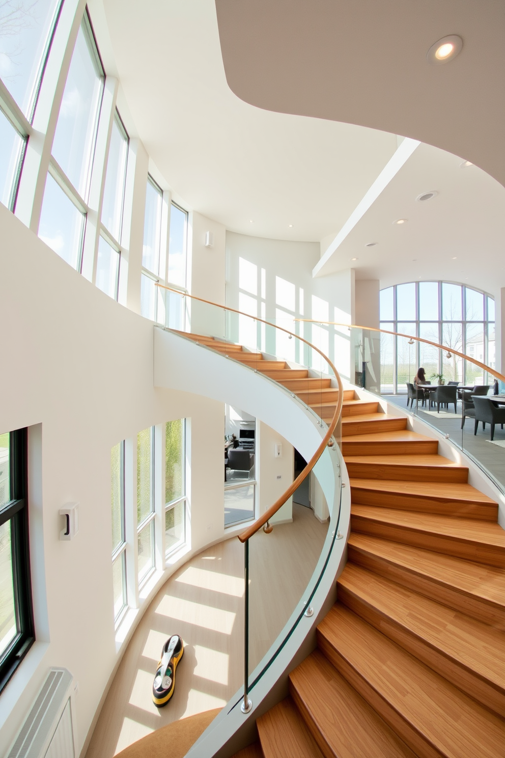 A winding staircase gracefully curves upwards, featuring sleek wooden steps and a glass railing that offers unobstructed views. Natural light floods the space through large windows, illuminating the elegant design and enhancing the airy atmosphere. The staircase is adorned with minimalist lighting fixtures that highlight its architectural beauty. Surrounding the staircase, a neutral color palette complements the modern aesthetic, creating a seamless flow with the adjoining living area.