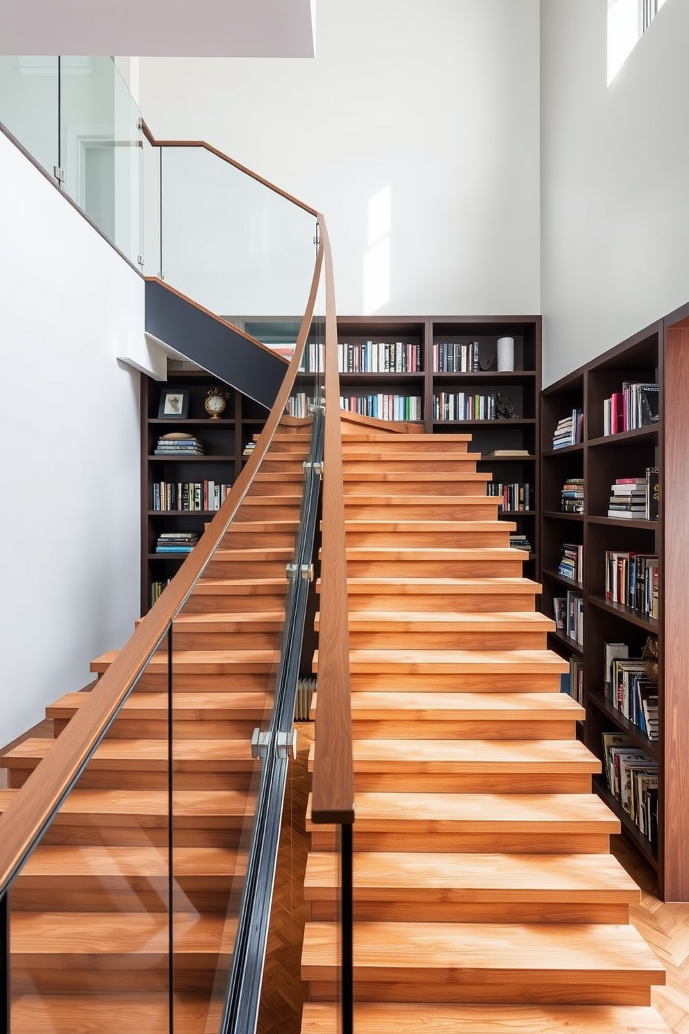 A modern staircase featuring sleek wooden steps with a glass railing for an open and airy feel. Built-in bookshelves line the walls, showcasing a curated selection of books and decorative items, adding both functionality and style to the space.