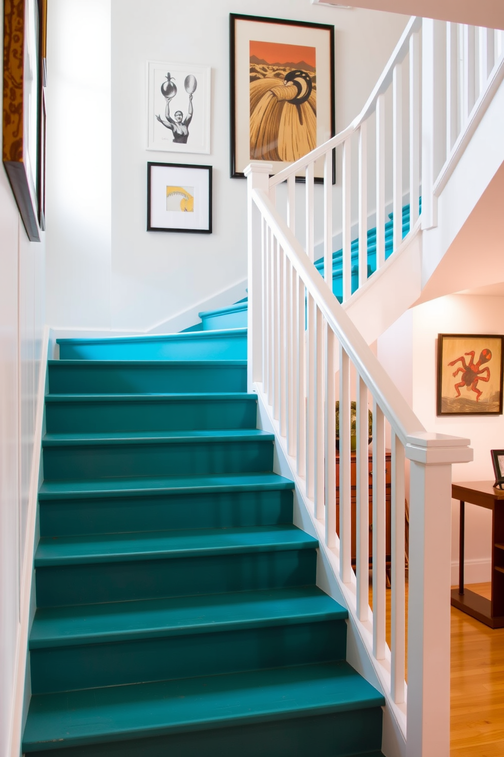 A striking staircase with a bold color statement. The steps are painted in a vibrant shade of teal, contrasting beautifully with the sleek white railing. The walls adjacent to the staircase are adorned with contemporary art pieces that enhance the overall aesthetic. Soft lighting illuminates the space, creating a warm and inviting atmosphere.