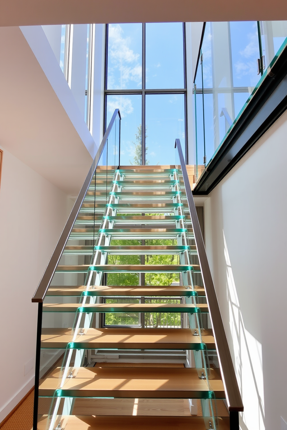 A translucent staircase elegantly ascends, allowing natural light to filter through its glass panels. The design features sleek metal railings that complement the airy aesthetic, creating a sense of openness in the space. The treads are crafted from a combination of glass and wood, providing a striking contrast while maintaining a light and modern feel. This staircase serves as a stunning focal point, enhancing the overall sophistication of the interior.