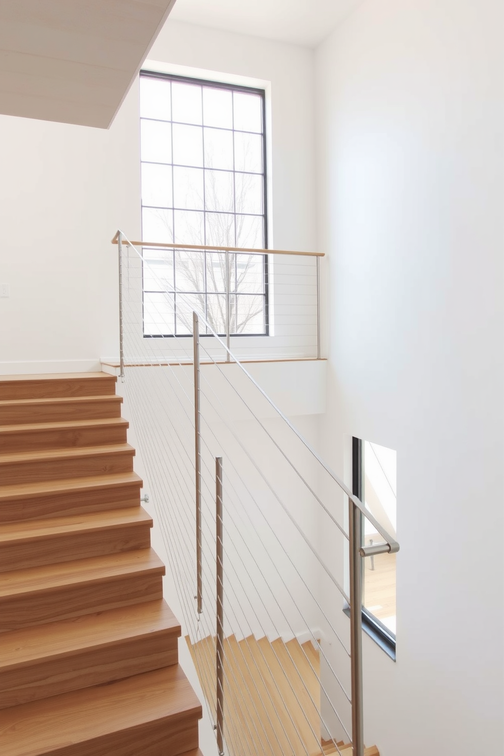 A sleek staircase featuring a minimalist cable railing creates an elegant focal point in the space. The steps are made of light oak wood, seamlessly blending with the surrounding walls painted in a soft white hue. Natural light floods the area through a large window, highlighting the clean lines and simplicity of the design. The cable railing, crafted from stainless steel, offers a modern touch while ensuring safety and transparency.