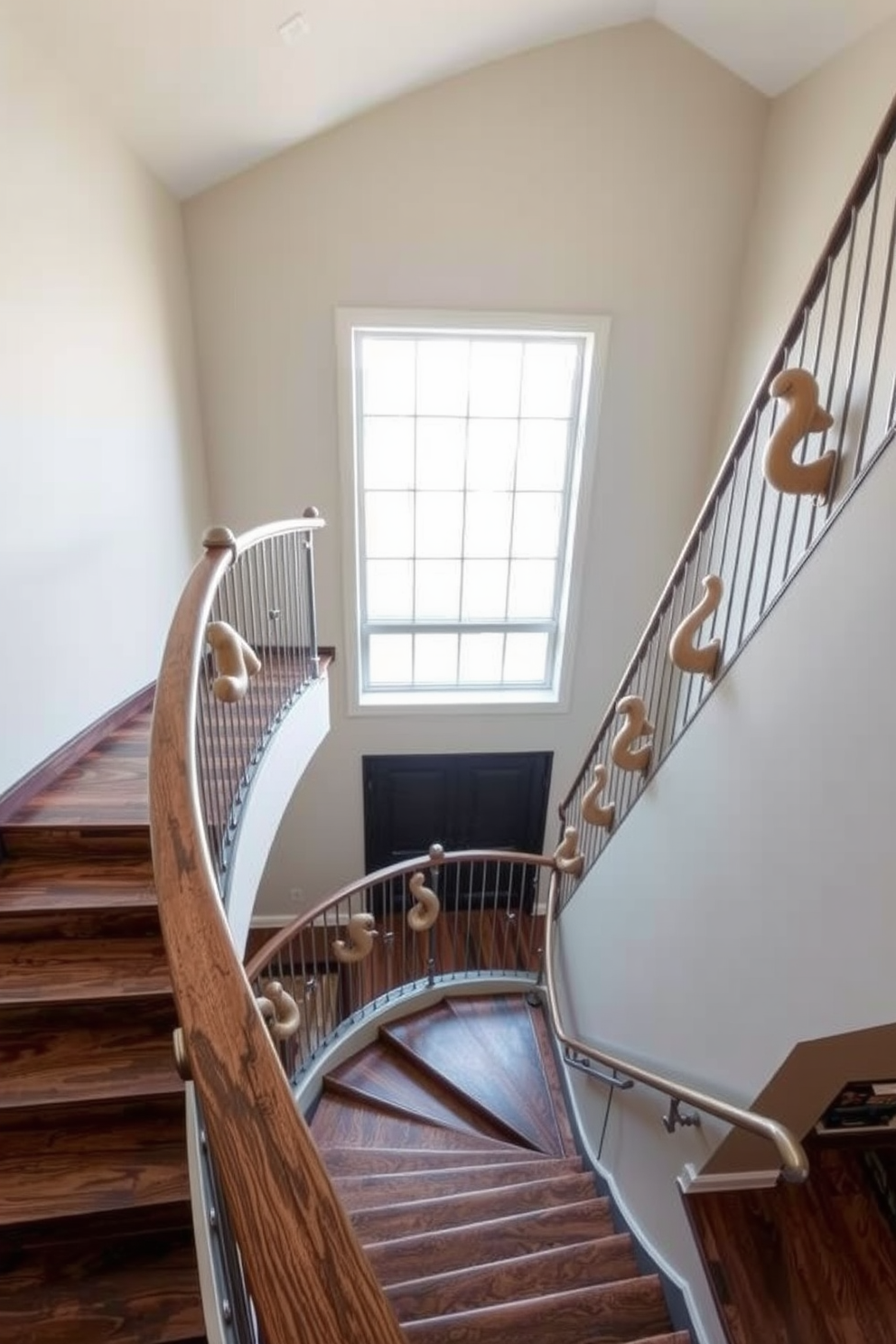 Artistic staircase with creative handrails. The staircase features a sleek design with open risers and a blend of wood and metal materials. The handrails are uniquely shaped, adding an artistic touch to the overall aesthetic. Natural light filters through a large window, highlighting the intricate details of the staircase.