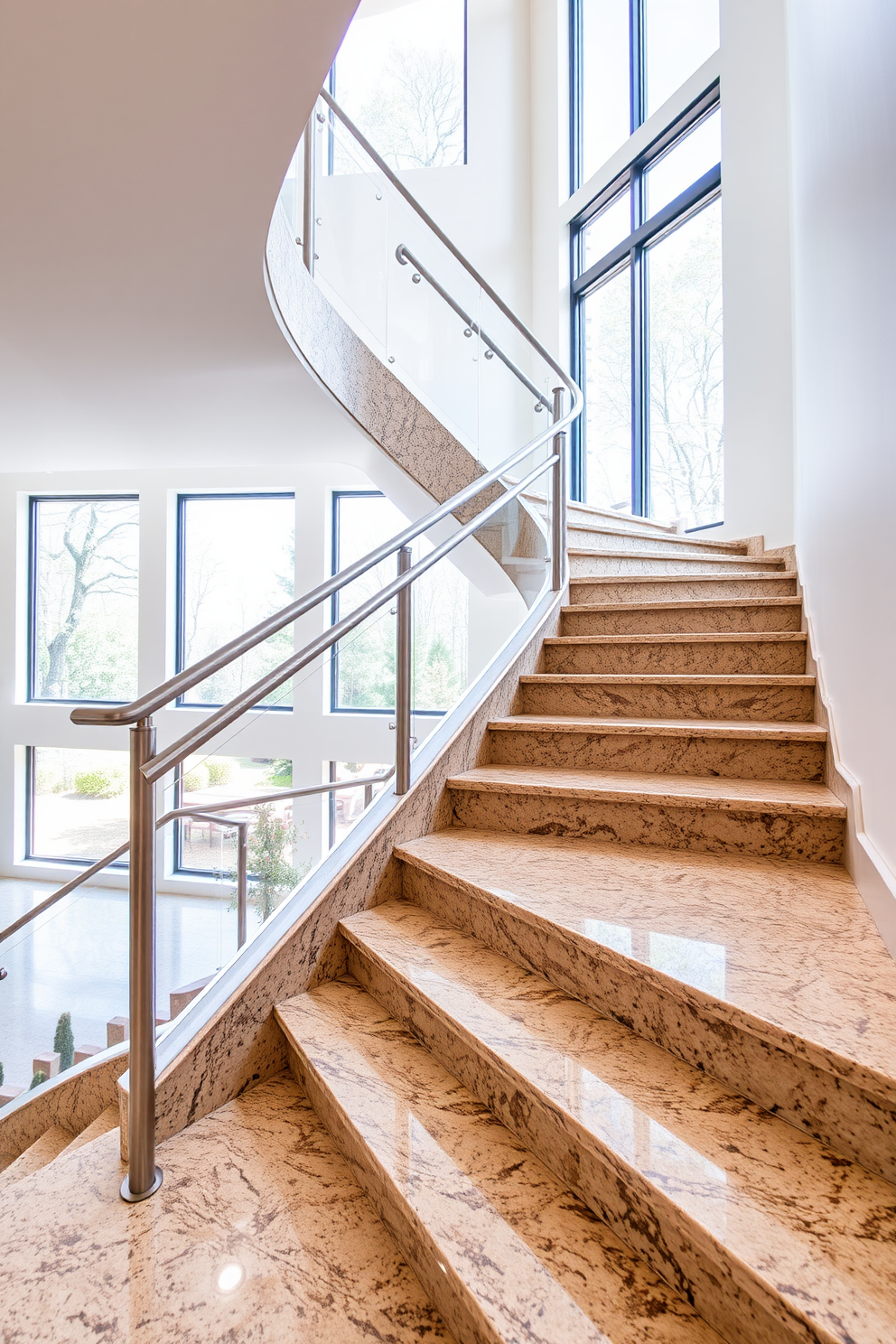 A stunning staircase with a natural stone finish showcases elegance and sophistication. The steps are crafted from smooth, polished granite, seamlessly blending with a sleek stainless steel railing. Natural light floods the space through large windows, illuminating the texture of the stone. The surrounding walls are painted in a soft white, accentuating the staircase's striking design and creating a sense of openness.