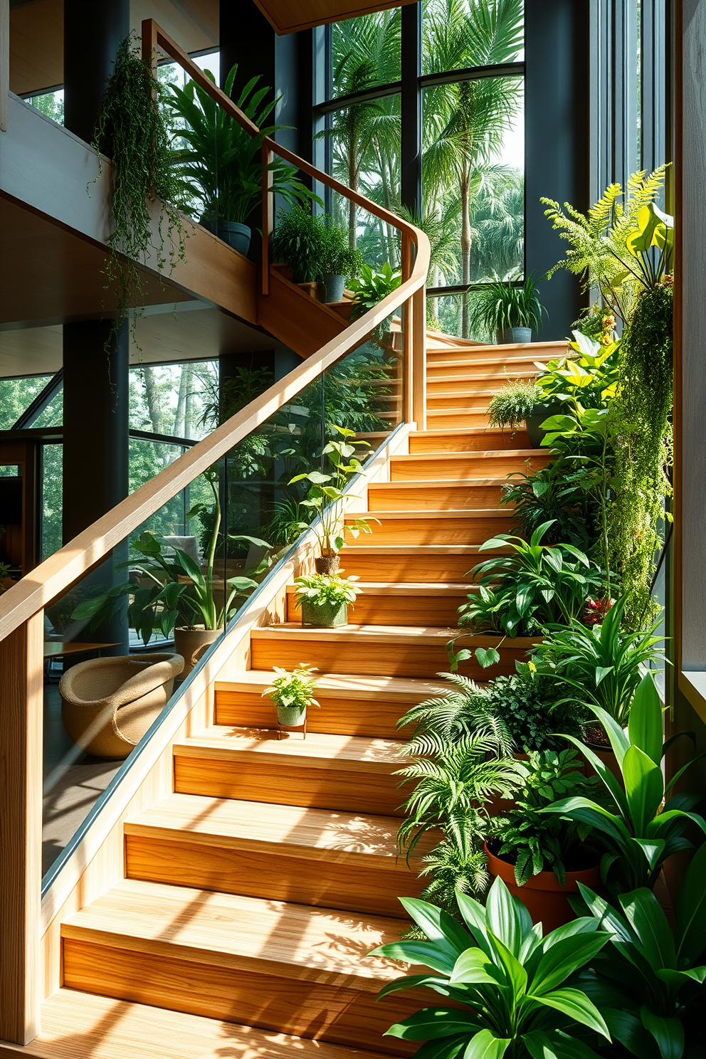 A biophilic staircase design featuring lush indoor plants integrated into the structure. The staircase is made of natural wood with a sleek, minimalist railing, creating a harmonious connection between nature and modern architecture. The steps are adorned with strategically placed planters that showcase a variety of greenery. Soft natural light filters through large windows, illuminating the vibrant foliage and enhancing the inviting atmosphere of the space.