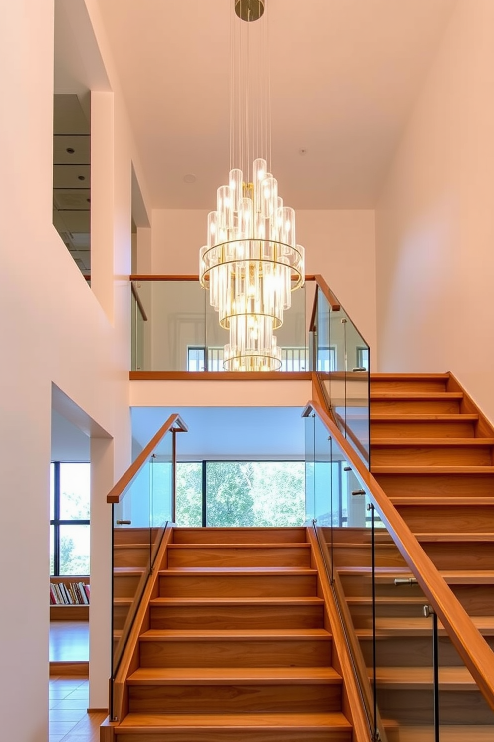 A modern staircase design featuring a sleek wooden staircase with glass railings that create an open and airy feel. A striking chandelier hangs from the ceiling, casting a warm glow over the space and serving as a stunning focal point.