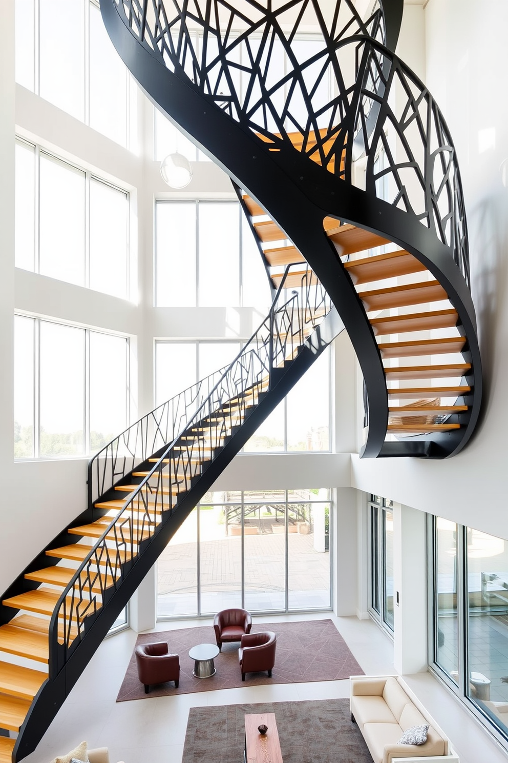 A sculptural metal staircase design features sweeping curves and intricate geometric patterns that create a stunning focal point in the space. The staircase is finished in a sleek matte black, complemented by warm wooden treads that add a touch of elegance and warmth to the modern aesthetic. The surrounding area is open and airy, with large windows allowing natural light to flood in, highlighting the staircase's unique design. Below, a minimalist seating area with contemporary furniture offers a perfect view of the artistic staircase, enhancing the overall modern ambiance.