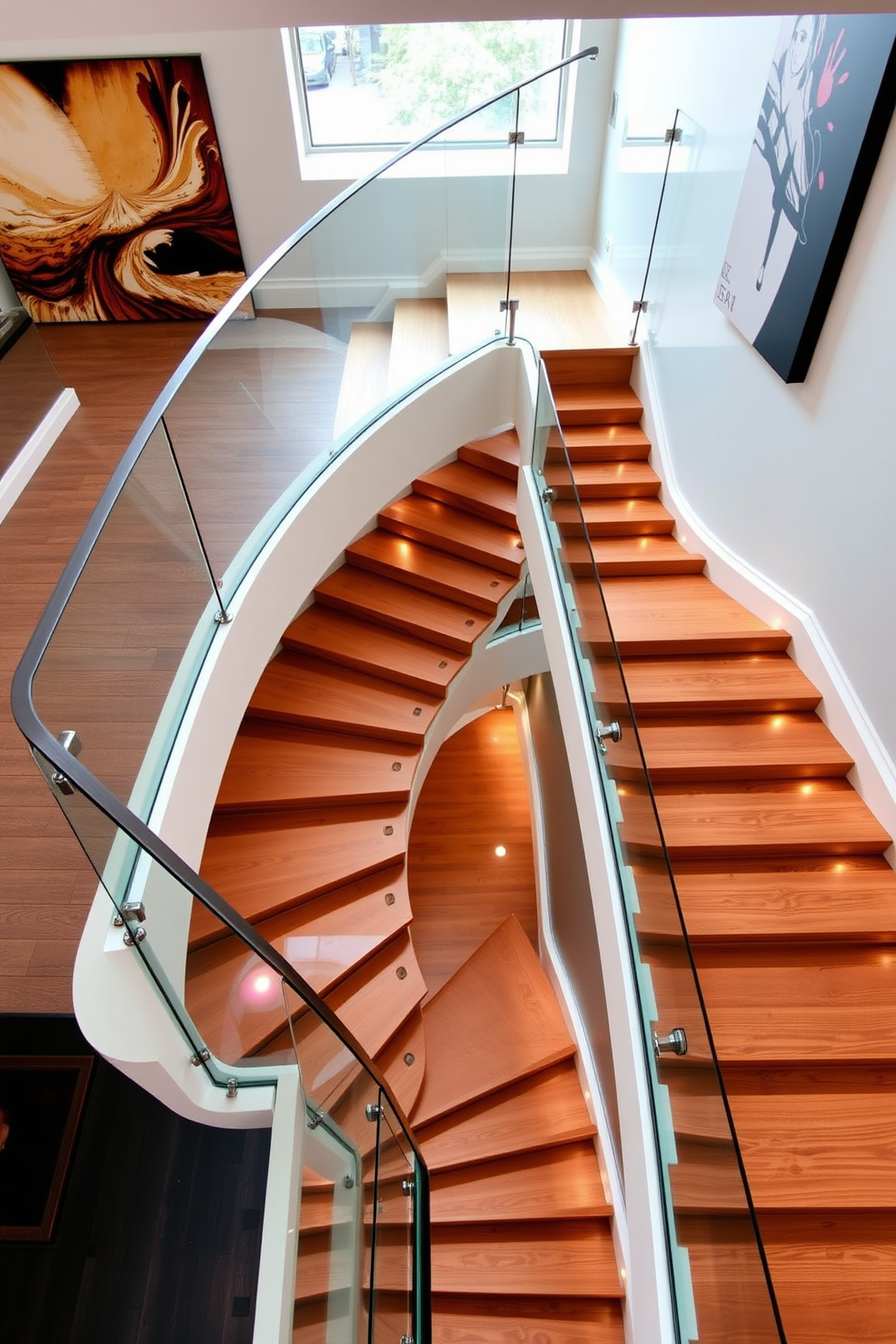 A multi-level staircase featuring sleek wooden steps that elegantly cascade down in a spiral formation. The staircase is framed by glass railings that enhance the open feel of the space, allowing natural light to flow through. The walls adjacent to the staircase are adorned with contemporary artwork, creating a striking visual contrast. Soft recessed lighting highlights the steps, adding warmth and sophistication to the modern design.