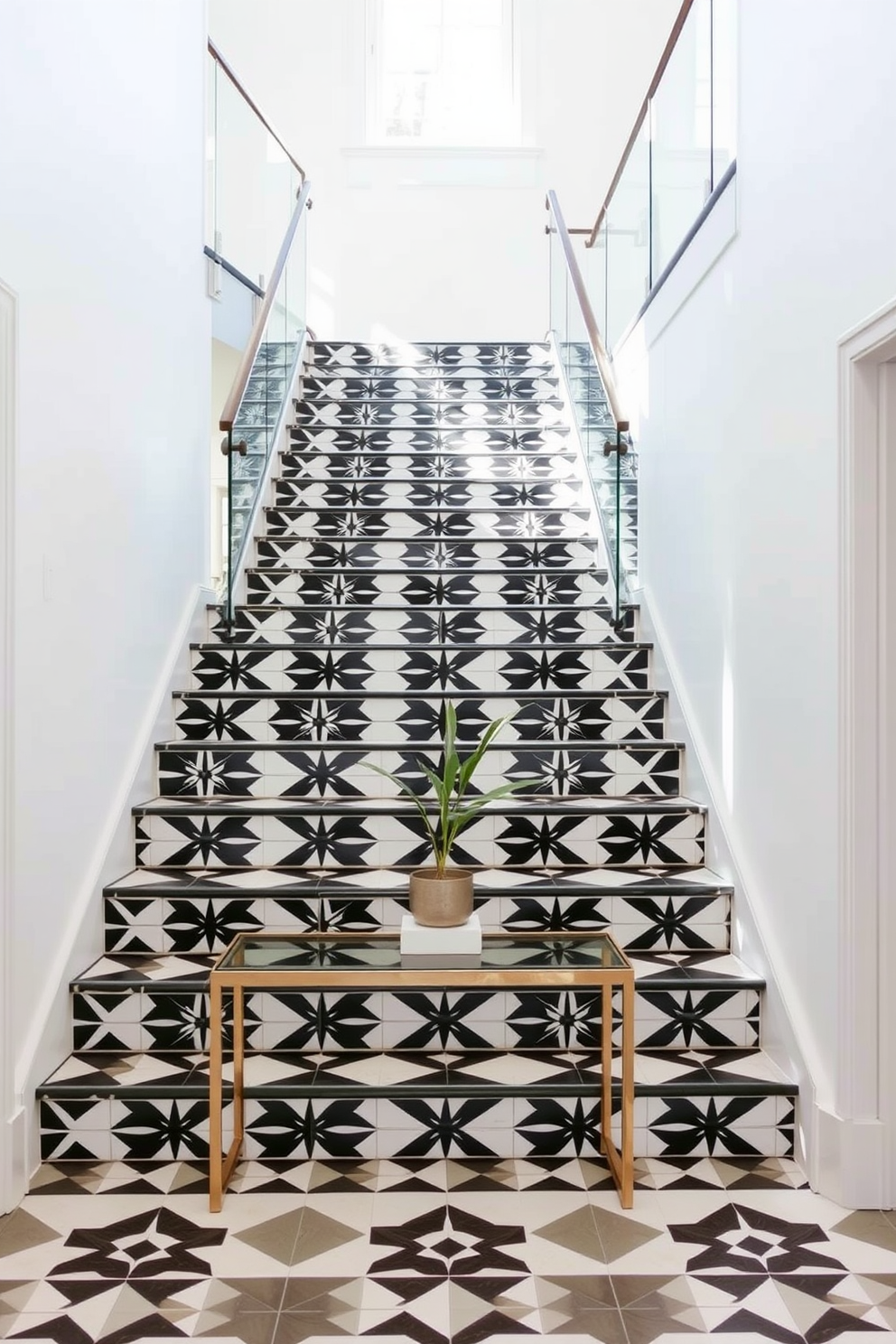 A striking monochrome patterned tile staircase features bold geometric designs that create a dramatic visual impact. The staircase is flanked by sleek glass railings, allowing natural light to illuminate the space and highlight the intricate tile work. The walls are painted in a soft white hue, providing a clean backdrop that enhances the staircase's design. At the base of the stairs, a minimalist console table with a decorative plant adds a touch of elegance to the overall aesthetic.