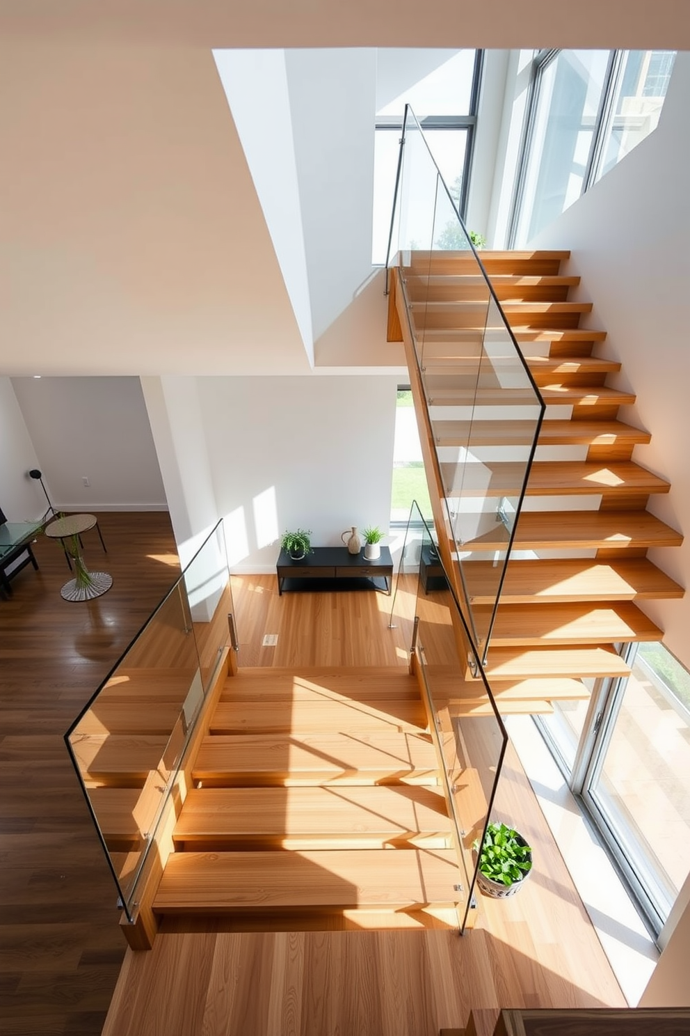 A stunning open riser staircase features sleek wooden treads that create an airy and spacious atmosphere. The staircase is illuminated by natural light streaming in through large windows, enhancing its contemporary design. The railing is made of glass, providing an unobstructed view and maintaining the open feel of the space. Surrounding the staircase, minimalist decor complements the modern aesthetic, with subtle accents of greenery for a touch of warmth.