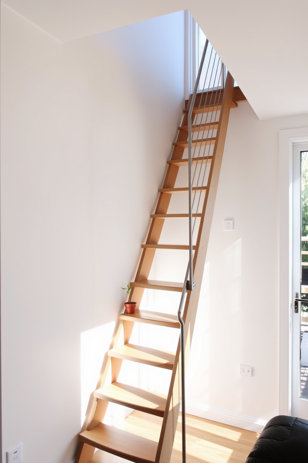 A sleek ladder-style staircase ascends gracefully against a white wall, maximizing space in a contemporary home. The wooden steps are finished in a light oak, complemented by minimalist metal railings that enhance the airy feel of the room. Natural light floods the area through a nearby window, casting soft shadows on the staircase. Potted plants are strategically placed on the landing, adding a touch of greenery to the modern design.