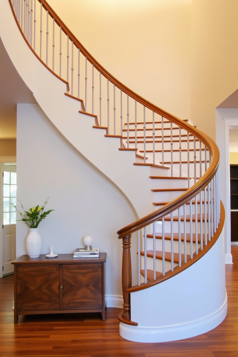 A stunning curved staircase gracefully ascends, featuring an elegant wooden banister that complements the overall design. The staircase is adorned with soft ambient lighting that highlights its smooth curves and enhances the sense of openness in the space. The steps are finished in a rich hardwood, contrasting beautifully with the light-colored walls surrounding them. Below the staircase, a chic console table is placed, decorated with stylish accessories that add a touch of sophistication.