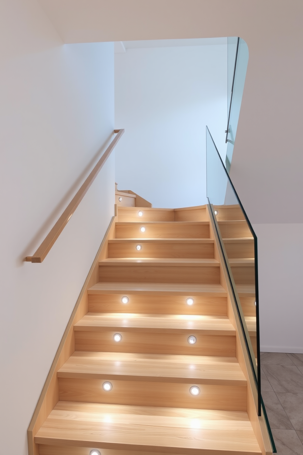 A minimalist staircase with sleek lines features a floating design made of light wood. The railing is made of tempered glass, allowing for an unobstructed view of the surrounding space. The treads are wide and gently curved, creating a sense of flow as they ascend. Soft, recessed lighting illuminates the steps, enhancing the clean aesthetic and providing safety.