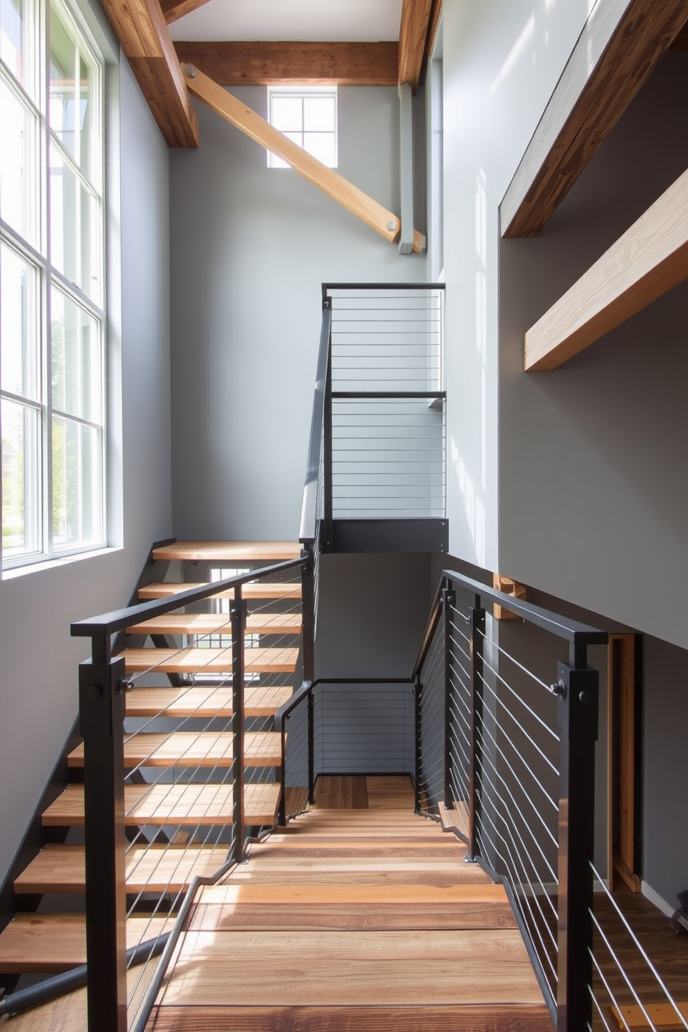 An industrial staircase features exposed beams and raw metal railings, creating a striking focal point in the space. The steps are made of reclaimed wood, adding warmth and contrast to the sleek metal elements. The walls surrounding the staircase are painted in a soft gray, enhancing the industrial aesthetic while maintaining a modern feel. Large windows allow natural light to flood the area, highlighting the textures of the materials used in the design.