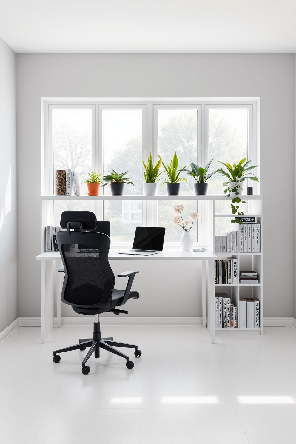 A minimalist white desk is positioned in front of a large window, allowing abundant natural light to fill the space. The room features soft gray walls and a simple bookshelf filled with neatly arranged books and decorative items. A comfortable ergonomic chair complements the desk, providing a perfect spot for productivity. Potted plants are placed on the windowsill, adding a touch of greenery to the modern study room.