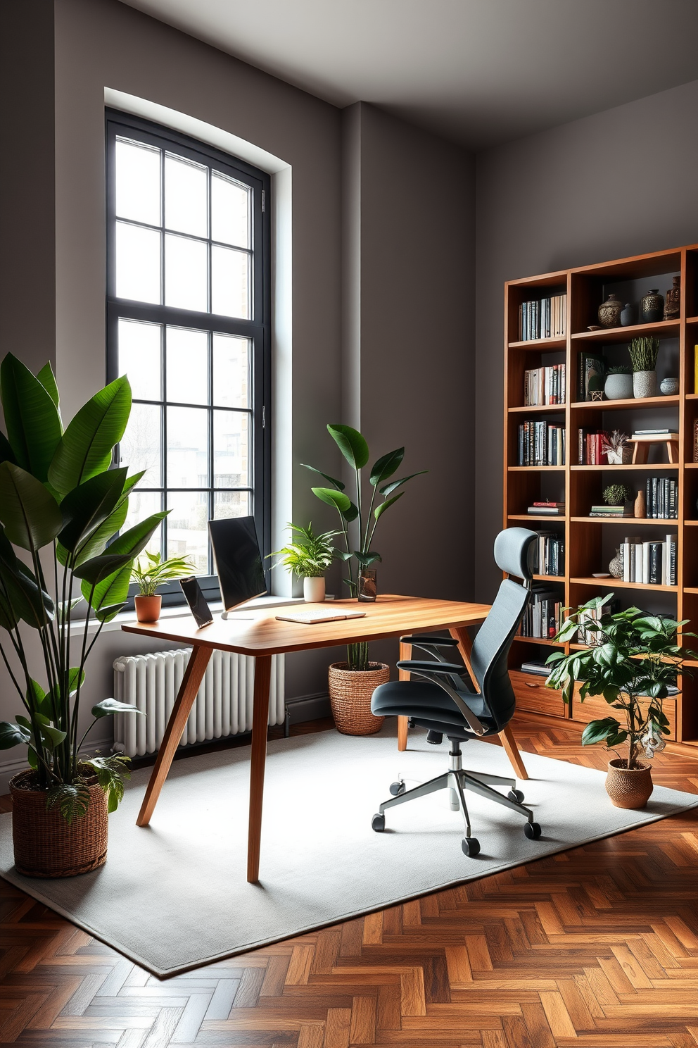 A modern study room featuring a sleek wooden desk positioned in front of a large window that lets in natural light. The walls are painted in a soft gray tone, and a comfortable ergonomic chair complements the desk. Lush potted plants are strategically placed around the room, adding a touch of greenery and creating a calming atmosphere. A stylish bookshelf filled with books and decorative items lines one wall, enhancing the room's aesthetic.