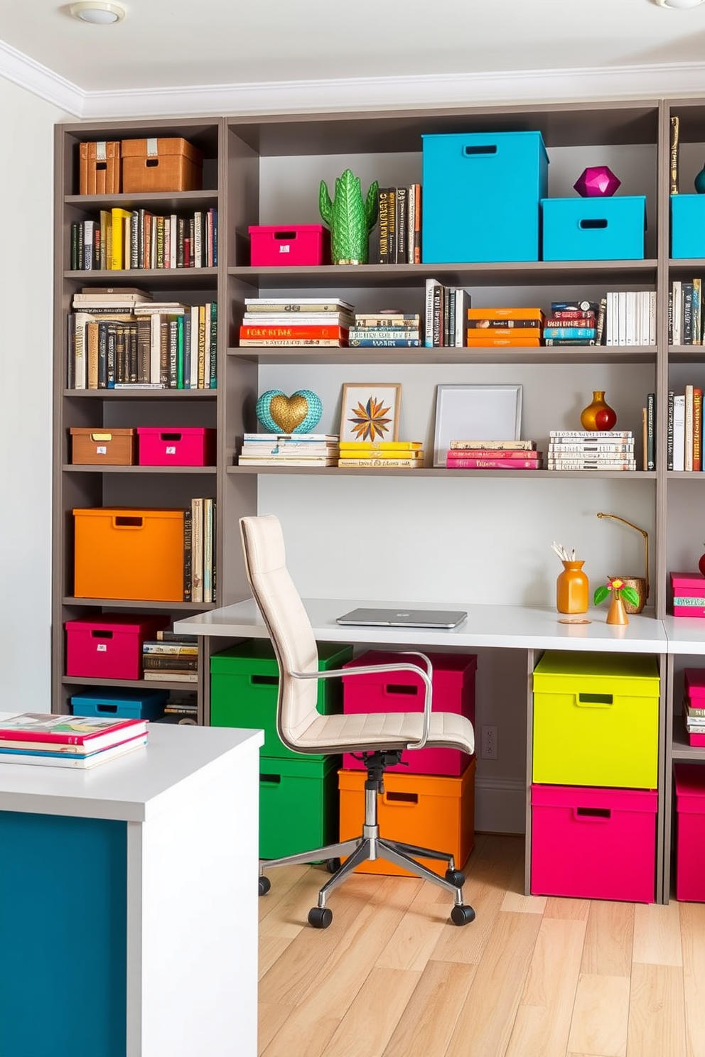 A modern study room featuring colorful storage boxes that add a playful touch to the organized space. The room includes a sleek desk with a comfortable chair, surrounded by shelves filled with books and vibrant decorative items.