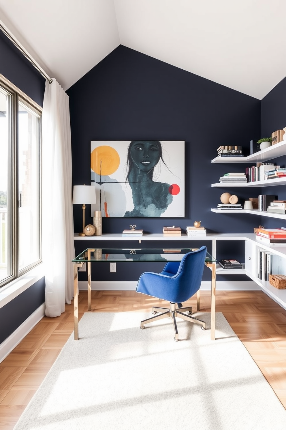 A modern study room featuring a sleek glass desk paired with a plush velvet chair. The walls are adorned with a deep navy blue paint, complemented by a large abstract art piece that adds a pop of color. Natural light floods the space through a large window dressed with sheer white curtains. A cozy area rug with a geometric pattern lies beneath the desk, while floating shelves display an array of books and decorative items.