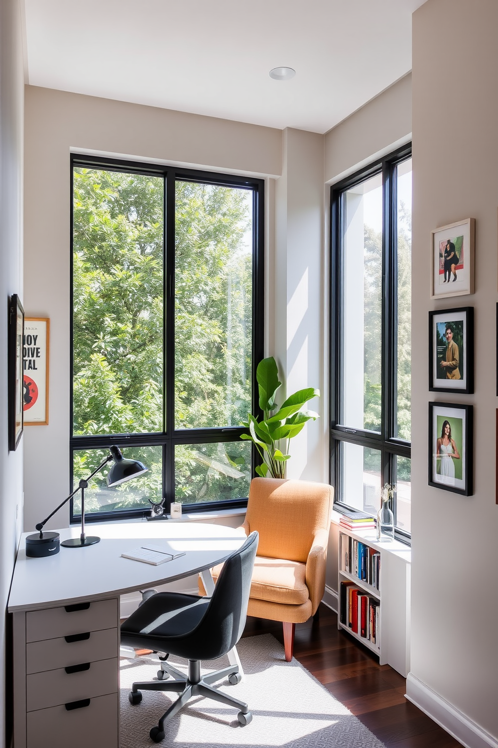 A modern study room featuring a sleek desk positioned against a large window that allows natural light to flood the space. The walls are adorned with personalized artwork that reflects the owner's unique style and inspires creativity. A cozy reading nook is created with a comfortable armchair placed in the corner, accompanied by a small bookshelf filled with favorite titles. The color palette combines soft neutrals with vibrant accents, enhancing the room's inviting atmosphere.