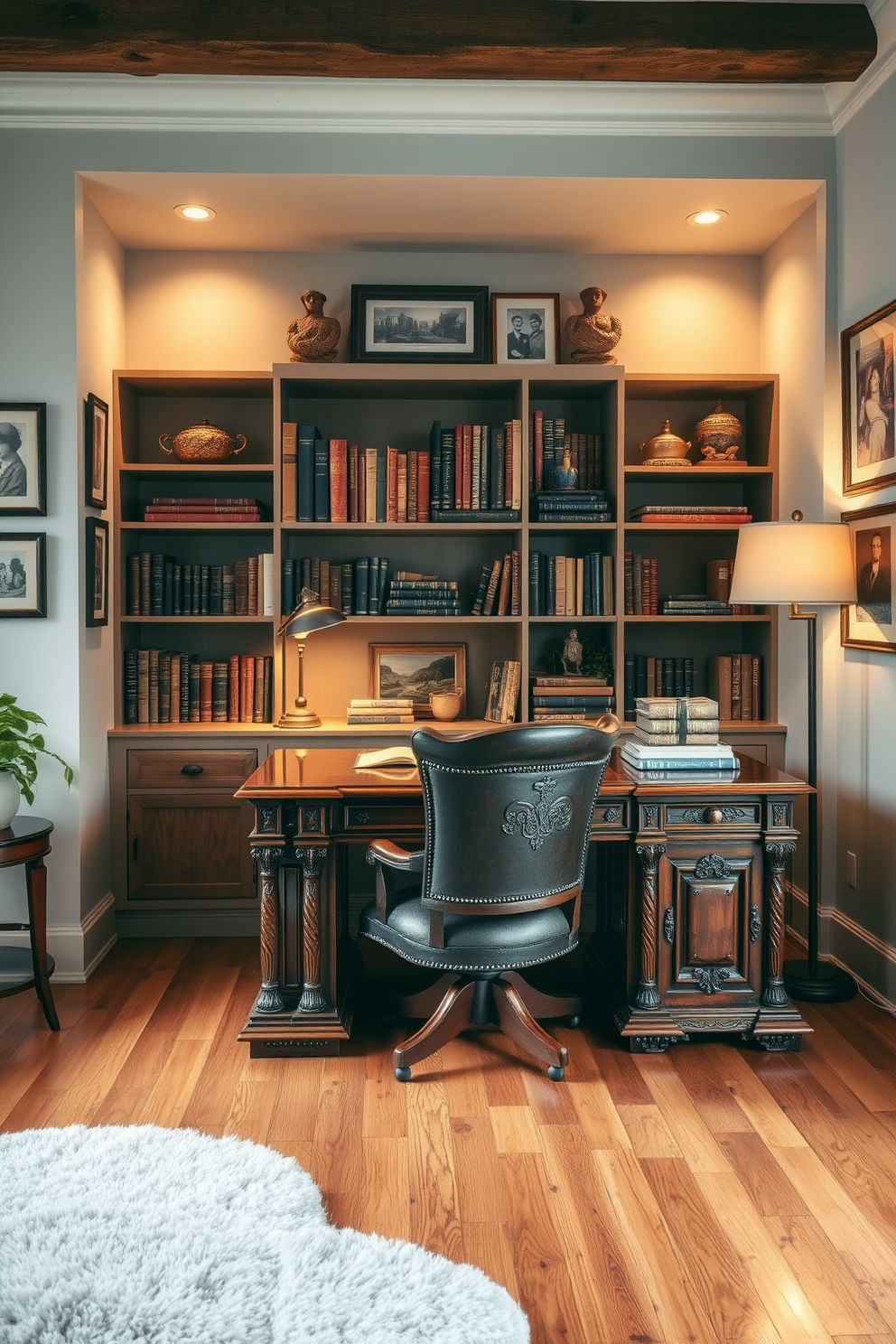 A modern study room featuring vintage decor elements that add character and charm. The room includes a large wooden desk with intricate carvings and a comfortable leather chair, surrounded by shelves filled with antique books and decorative items. Soft, warm lighting from a vintage-style lamp illuminates the space, creating an inviting atmosphere. The walls are adorned with framed vintage art and photographs, while a plush area rug adds a touch of coziness to the hardwood floor.