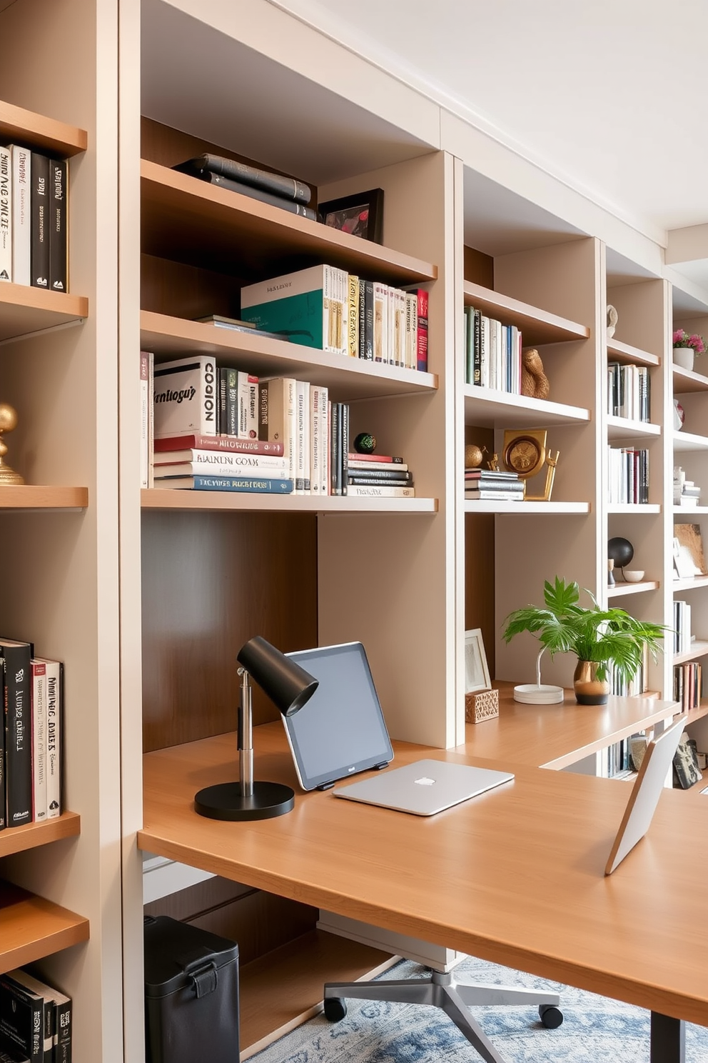 A modern study room featuring open shelving that provides easy access to books. The shelves are filled with neatly arranged books and decorative items, creating a stylish and functional workspace.